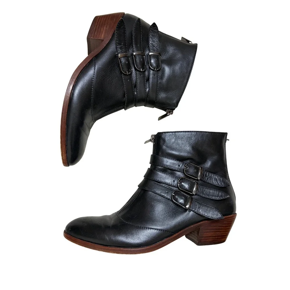 Modern Vice Jasper Black Leather Triple Buckle Ankle Boots Womens 7.5M